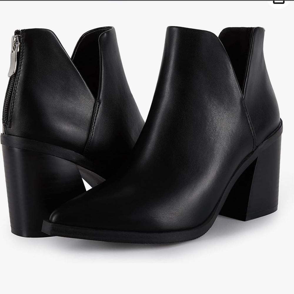 Kathemoi Women's Chunky Stacked Heel Pointed Toe V Cutout Black Ankle Boots 7.5